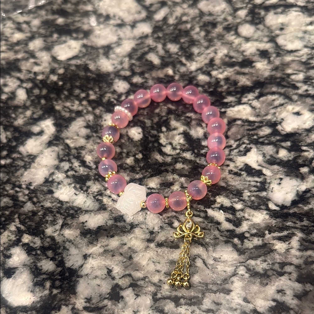 Pink Beaded Bracelet with Gold Charm